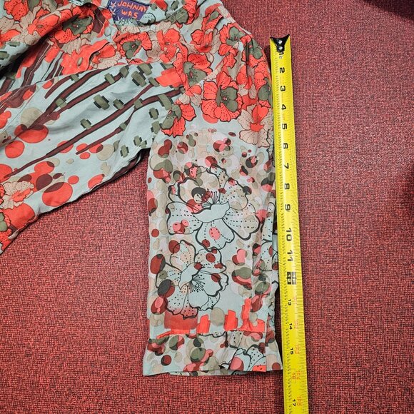 Johnny Was Floral Silk Blouse S Red Multi 3/4 Sleeves Pleated Peplum Flowy Boho - Picture 8 of 10